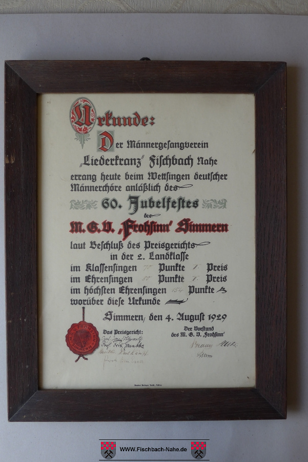 Urkunde Liederkranz August 1929